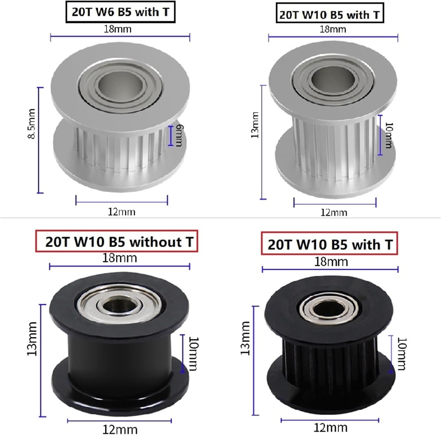 پولی هرزگرد ساده GT2 با قطر 20 دندانه برای شفت 5 عرض 10mm