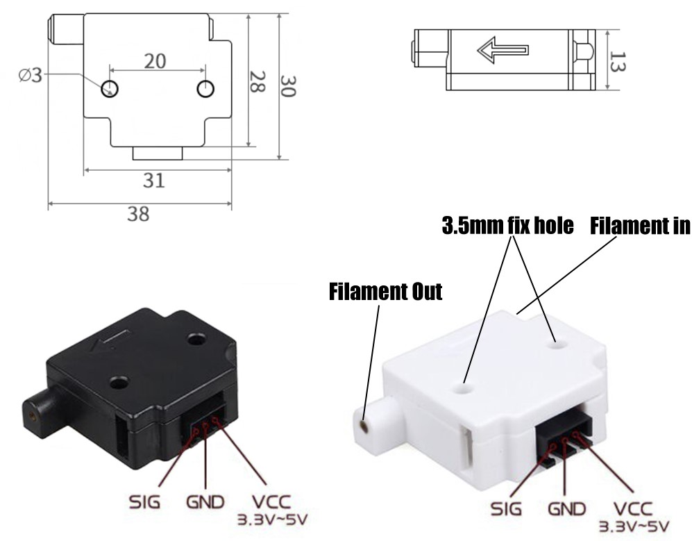 سنسور تشخیص فیلامنت پرینتر سه بعدی با قطر 1.75mm